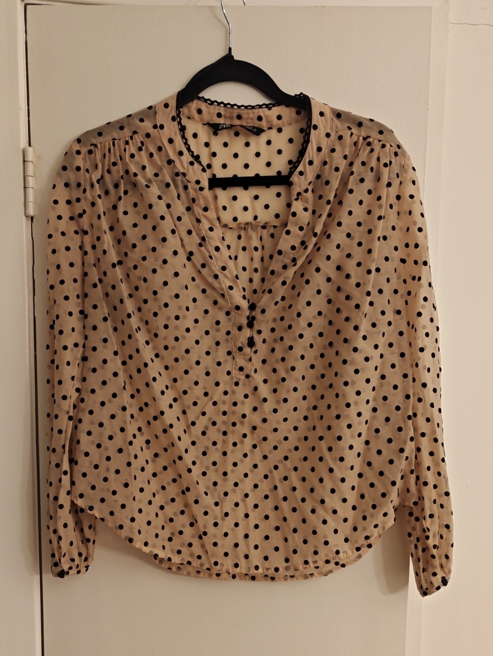 Zara Beige Blouse with Black Velvet Polka Dots
